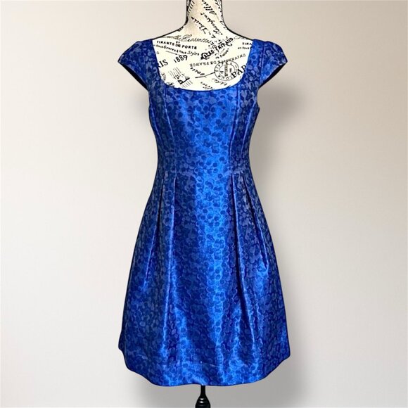 Kay Unger NY 6 Blue Jacquard Satin Square Neck Cap Sleeve Wedding Party Dress - Picture 1 of 8